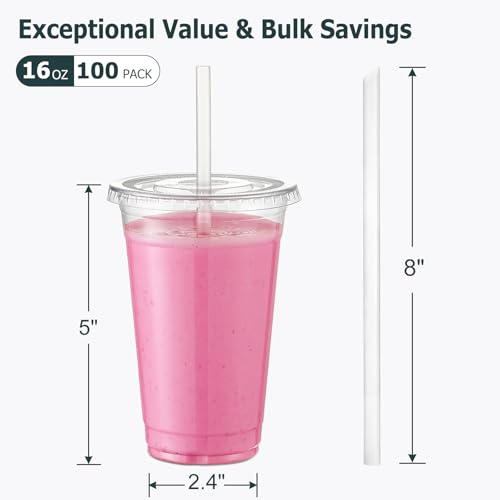 AOZITA [100 Sets] 16 oz Clear Plastic Cups With Lids and Straws, Disposable Cups With Lids for Iced Coffee, Smoothie, Milk...