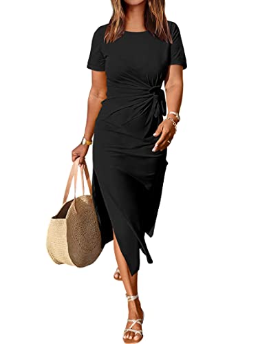 ANRABESS Women's 2026 Summer Maxi Tshirt Dress Short Sleeve Crewneck Tie Waist Casual Slim Fit Slit Spring Long Beach Dresses