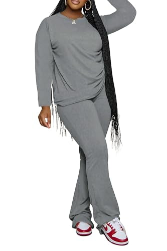 PINSV Womens 2 Piece Outfits Casual Sets Long Sleeve Top and Flare Pants Lounge Sets Tracksuit