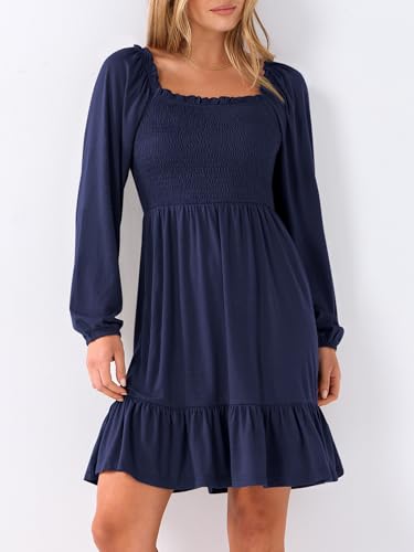ANRABESS Womens Long Lantern Sleeve Square Neck Dress Smocked Tiered High Waist Ruffle Flowy Swing 2026 Spring Short Dresses