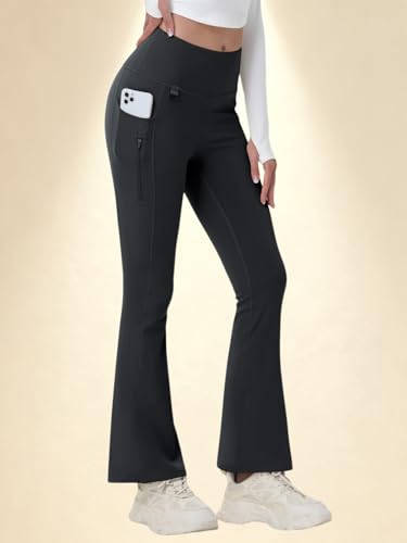 Women's Winter Fleece Lined Flare Leggings Waterproof Insulated Pants Hiking Yoga Bootcut Leggings with 3 Pockets