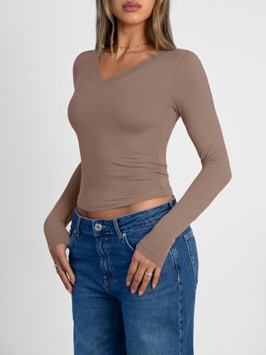 Trendy Queen Long Sleeve Shirts for Women 2026 Fall Fashion V Neck Basics Crop Tops Slim Fitted Y2K Tops Outfits Clothes