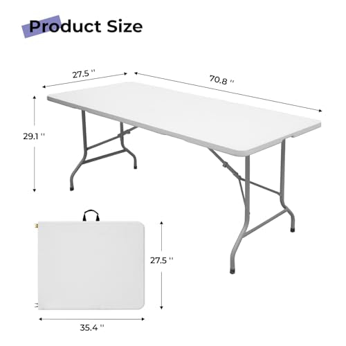 Byliable Folding Table 6ft Portable Heavy Duty Plastic Fold-in-Half Utility Foldable Table Plastic Dining Indoor Outdoor f...