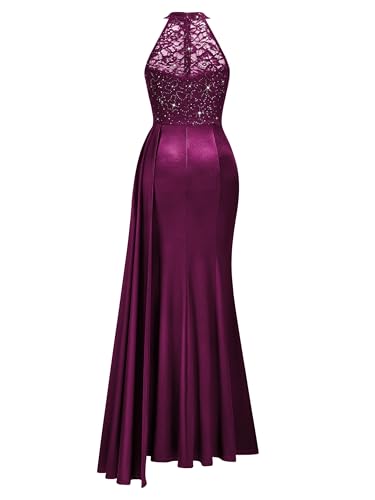 Miusol Women's Sexy Halter Sequin Lace Satin High Split Ruched Style Evening Party Maxi Dress
