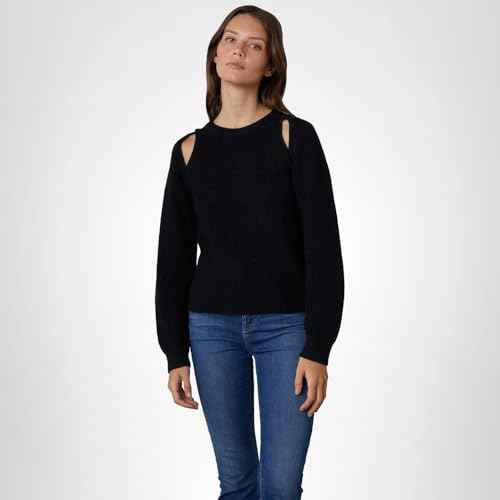 VELVET BY GRAHAM & SPENCER Women's Diane Engineered Stitches Cut-Out Crewneck Sweater, Coal, M