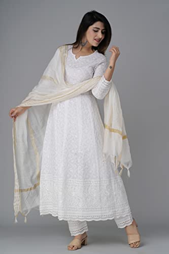 JG JAI GOVINDAM Chikankari Cotton Anarkali Indian Kurti for Women Summer Dress Kurta Pant with Dupatta Set Pakistani Kurta