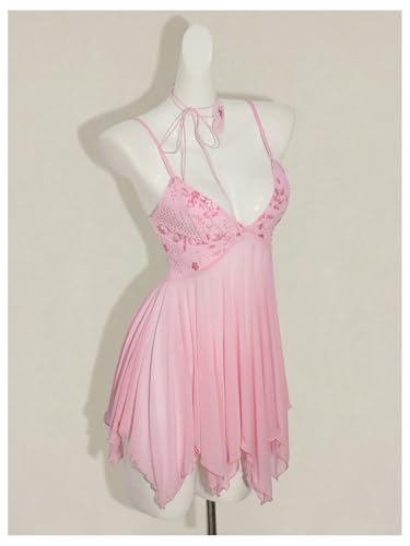 SOLY HUX Women's Y2k Mesh Sheer Sequin Mini Dress V Neck Spaghetti Strap Ruffle Flowy Party Going Out Dresses