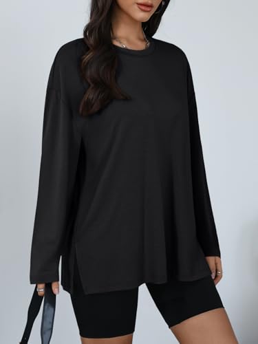 Trendy Queen Oversized Side Slit Tshirts for Women Long Sleeve Workout Tops Fall Fashion Gym Casual Tees Basic Y2K Clothes