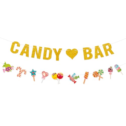Candyland Party Decorations,2Pcs Pre-Strung Glitter Gold Candy Bar Banner,Lollipop Garland Banner for Sweet Candy Themed B...