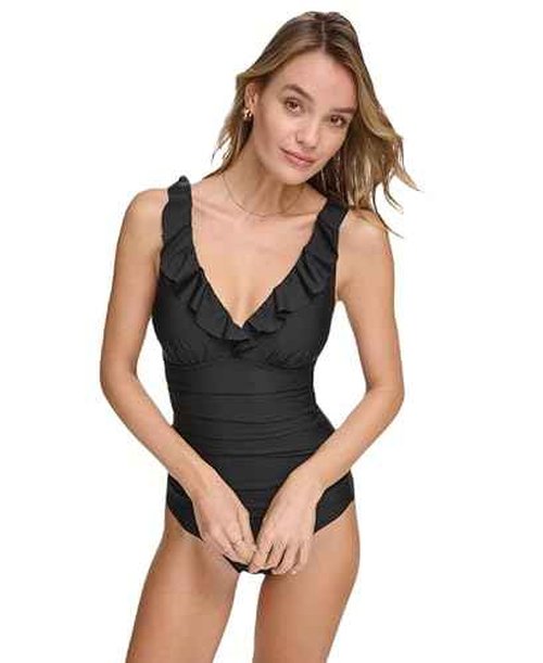 DKNY Women's Ruffle V-Neck One Piece Swimsuit with Tummy Control, Black, Large