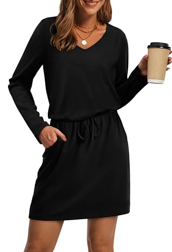 OFEEFAN Fall Dresses for Women 2025 Loose V Neck Long Sleeve T Shirts Casual Sundresses Tie Front A-Line Dresses