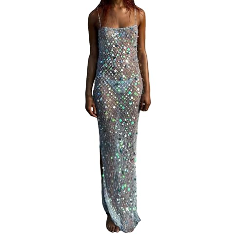 Eofnengsohio Women's Sequin Sheer Maxi Dress Spaghetti Straps Backless Slit Sparkle See-Through Mesh for Beach Clubwear