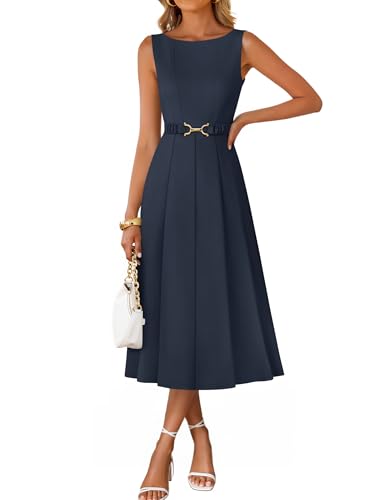 ZESICA Women Summer Sleeveless Midi Dresses 2026 Elegant Boat Neck A Line Tie Waist Spring Cocktail Party Dress