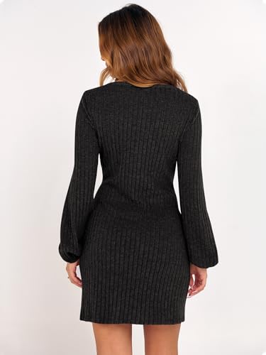 ANRABESS Womens 2026 Fall Dress Long Lantern Sleeve Ribbed Knit Casual Tie Waist Lightweight Mini Sweater Dress