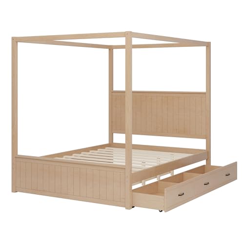 VilroCaz Modern Queen Size Canopy Platform Bed with Trundle and 3 Storage Drawers, 4-Poster Solid Wood Bed Frame with Chan...