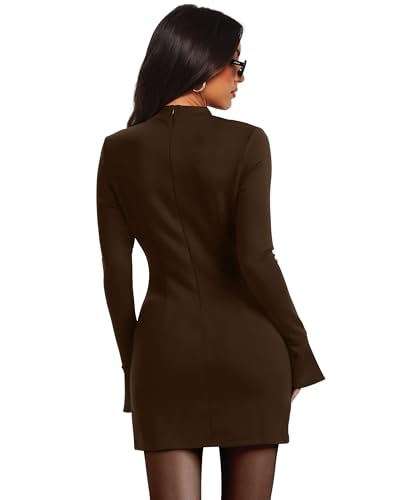 OFEEFAN Women's Fall Long Sleeve Mock Neck Dress Basic Party Club Bodycon Mini Dresses