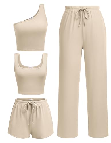 Ekouaer Womens 4 Piece Lounge Sets Ribbed Knit Crop Tank Top and Shorts Pants Casual Outfits