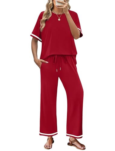 SAMPEEL 2 Piece Sets for Women Casual Summer Travel Vacation Outfits Short Sleeve Lounge Set
