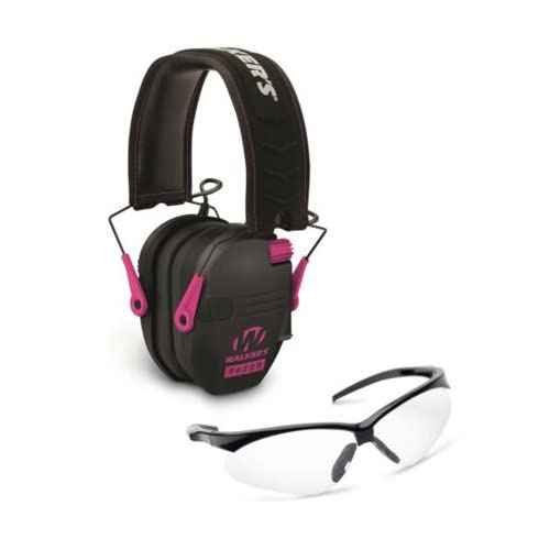 Walker's Razor Slim Electronic Hearing Protection Muffs with Sound Amplification and Suppression and Shooting Glasses Kit, Black/Pink