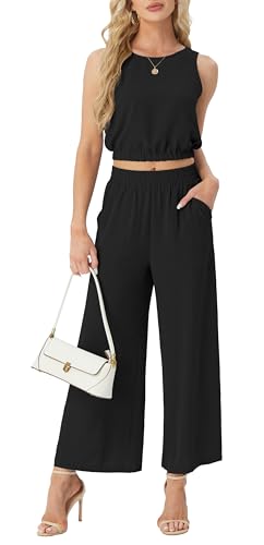 GRECERELLE Two Piece Sets for Women Sleeveless Crop Top Wide Leg Pants Sweat Set for Women Tracksuits 2026 Summer