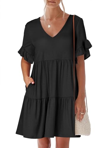 ANRABESS Dresses for Women Summer 2026 V Neck Ruffle Sleeve A Line Tiered Flowy Casual Trendy Mini Beach Dress with Pockets