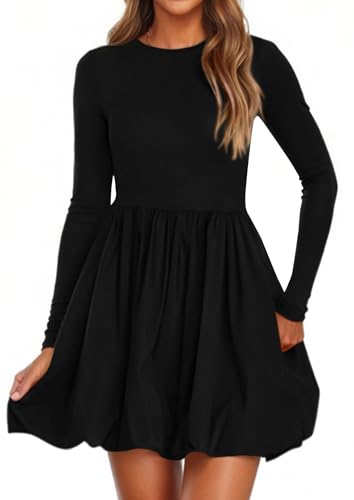PRETTYGARDEN Fall Dresses for Women 2026 Casual Long Sleeve Bubble Cute Crew Neck A Line Mini Short Dress with Pockets