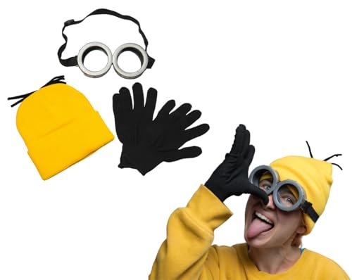 Happy Hippo Adult Costume Set, Yellow Beanie Hat, Black Gloves and Silver Goggles, Unisex