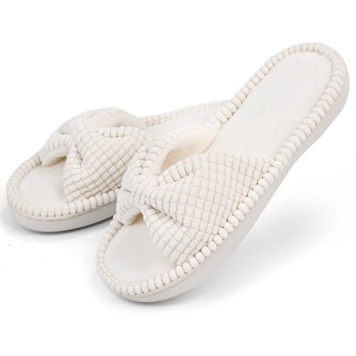DL Women's Memory Foam Open Toe Slide Slippers with Cute Bow and Cozy Terry Lining, Slip-on House Shoes Spa Mules Sandals ...