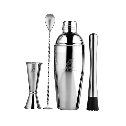 4-Piece Cocktail Shaker Set-Muddler, Jigger, Spoon