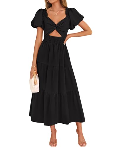 ZESICA Womens Summer Casual Flowy Vacation Maxi Dress 2026 Short Puff Sleeve A Line Smocked Cutout Beach Party Dresses