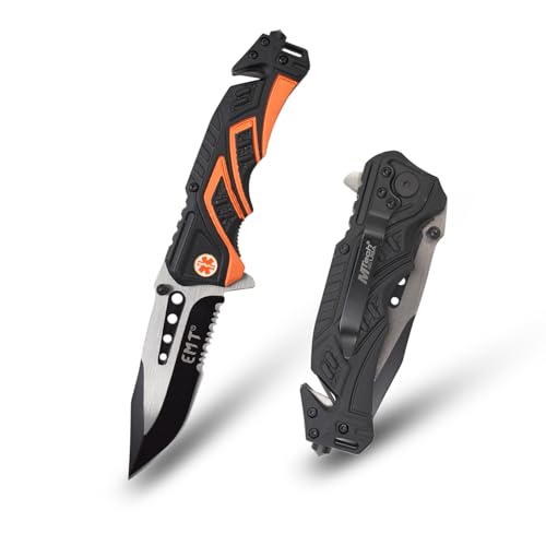 MTECH USA - Pocket Folding Knife, Two-Tone Half-Serrated Blade, Aluminum Black Handle with Dept. Logo, 4.75-Inch Closed, C...