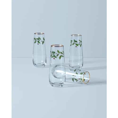 Lenox 889237 Holiday 4-Piece Stemless Flute Set, Christmas Theme