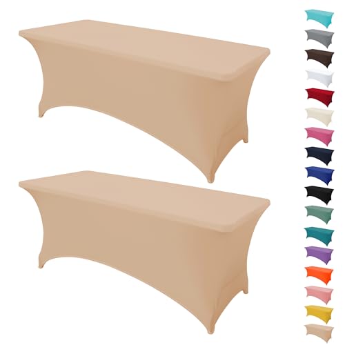 MRGSDL 2Pack 8FT Table Cloth for Rectangular Fitted Events Stretch Champagne Table Covers Washable Spandex Tablecloth Prot...