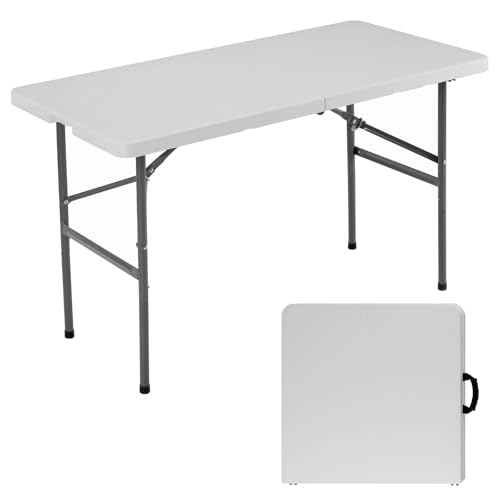 4 FT Foldable Table with Built in Handle & Steel Legs, Heavy Duty Portable Table, Folding Table Outdoor Indoor with Carryi...