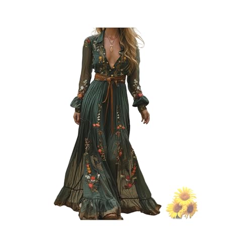 Womens Vintage Western Cowgirl Dresses, Lace Deep V Neck Long Sleeve Maxi Dress, Vintage Boho Western Dresses
