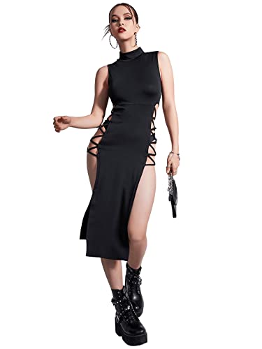 Verdusa Women's Crisscross High Split Gothic Dresses Mock Neck Sleeveless Bodycon Midi Dress