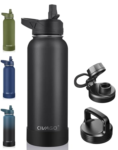 CIVAGO 40 oz Insulated Water Bottle With Straw, Stainless Steel Sports Water Cup Flask with 3 Lids (Straw, Spout and Handl...