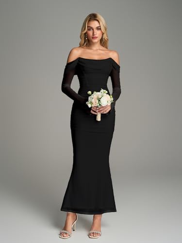 KUTUMAI Off Shoulder Long Sleeve Maxi Dress Corset Bodycon Ruched Cocktail Formal Wedding Guest Dresses for Women