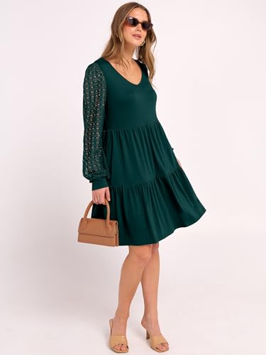 ANRABESS Dresses for Women Casual Lace Long Sleeve V Neck Tiered Swing Flowy Loose A-line Mini Short 2025 Fall Vacation Dress