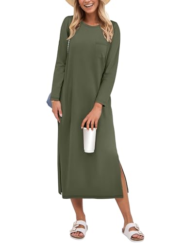 ANRABESS Womens 3/4 Sleeve Striped Slit Midi T Shirt Dresses 2026 Summer Casual Beach Vacation Clothes Spring Travel Sundress