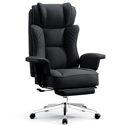 OwgeinSet Big and Tall Office Chair, Ergonomic Leather Reclining Chair with Footrest, High-Back Comfy Executive Computer D...