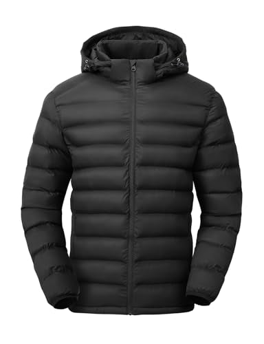 TBMPOY Men's Lightweight Puffer Jackets Detachable Hood Water-Resistant Casual Winter Coat Hooded Insulated for Travel Ski