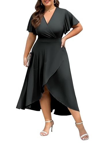 Actcat Womens Plus Size Maxi Dress Ruffle Short Sleeve Elegant Wrap V Neck High Low Split Long Dress