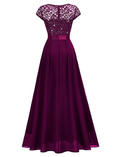 Miusol Women's Elegant V-Neck Cap Sleeve Sequined Floral Lace Formal Party Maxi Dress