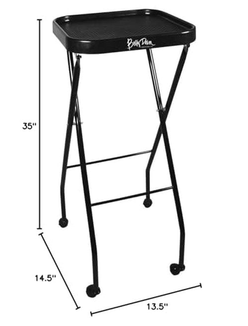 Betty Dain Folding Service Tray, Organized Work Area For Salon Services, Simple Tray Lock Release Tilts to Upright Storage Position, Rubber Wheels, 14.5 x 13.5 Inch Tray, 35 Inch height