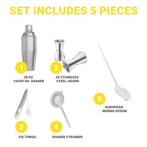 Bartender Kit – 5-Piece Stainless Steel Cocktail Shaker Set for Home & Bar – Drink Mixing Set with Accessories