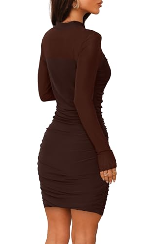 WIHOLL Women's Mesh Sheer Long Sleeve Ruched Mini Dress Sexy Bodycon Mock Neck Cocktail Party Club Dresses 2025