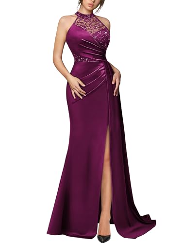 Miusol Women's Sexy Halter Sequin Lace Satin High Split Ruched Style Evening Party Maxi Dress