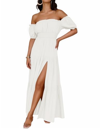 ZESICA Women's 2026 Boho Sexy Off Shoulder Short Sleeve Smocked Side Split Flowy A Line Tiered Long Maxi Dress with Pockets