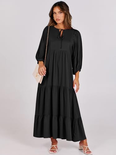ANRABESS Womens Boho Maxi Dresses 2026 Summer V Neck Puff Sleeve Floral Flowy Swing Fall Casual Long Dress
